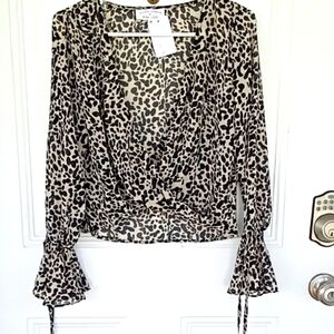 Pink Lily Animal Leopard Print Wrap Blouse Dramatic Bell Sleeves W Ties Boho NWT